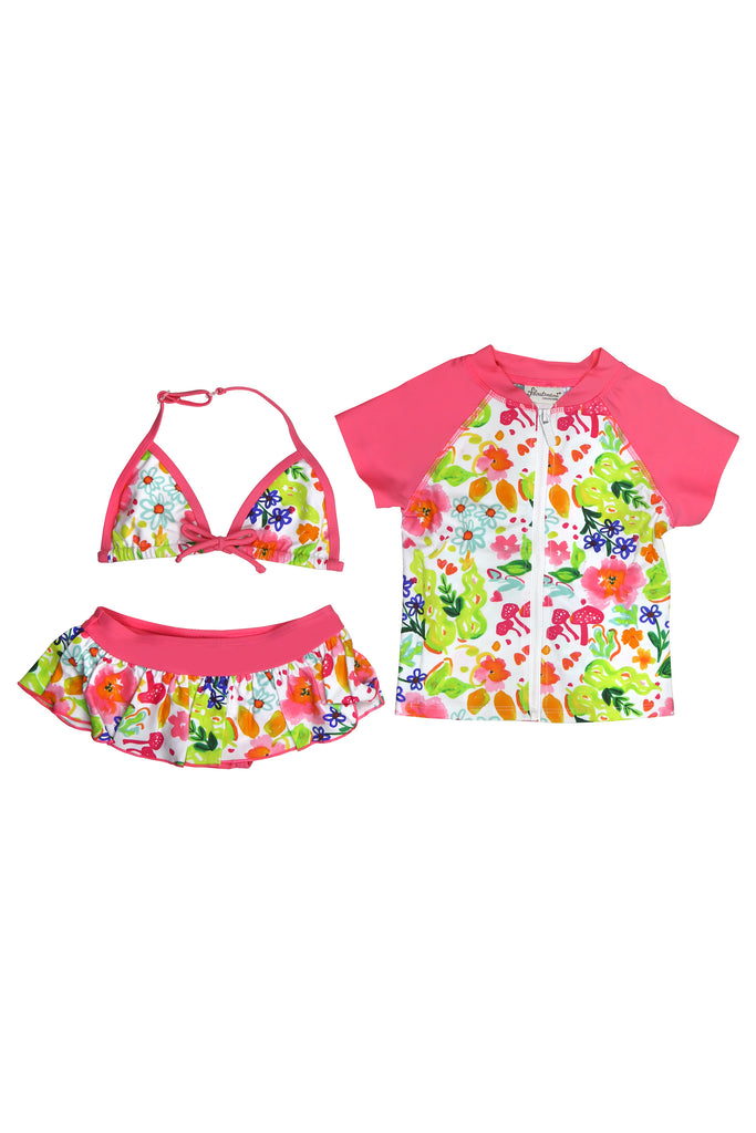 Flower Garden Bikini & Short Sleeve Rash Guard 3-pc Set, pink
