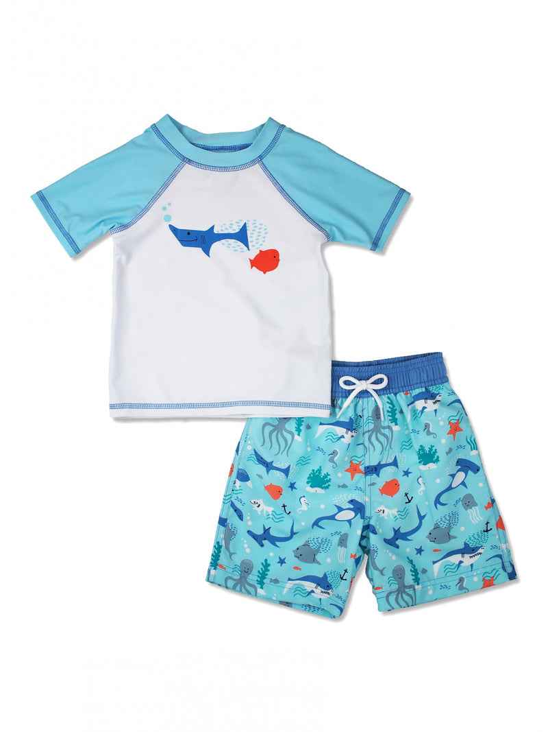 Boys Sea Animals Short Sleeve Rash Guard & Swim Trunks Set, Blue ...