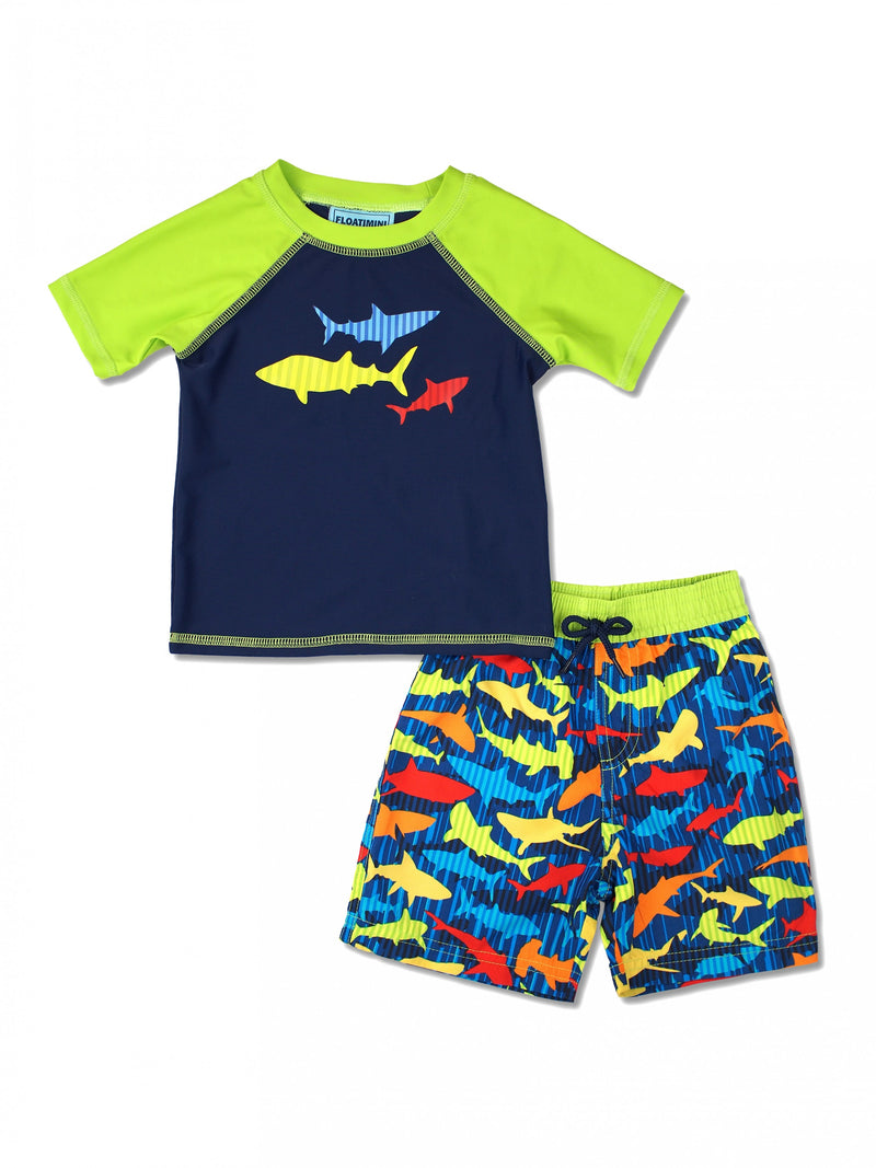 Boys Stripe Shark Short Sleeve Rash Guard & Swim Trunks Set, Lime