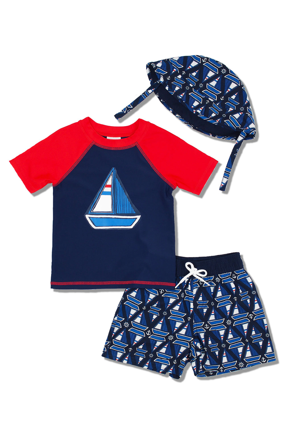 Boys Sailboat Geo Short Sleeve Rash Guard & Swim Trunks With Bucket Hat 3pc Set, Navy