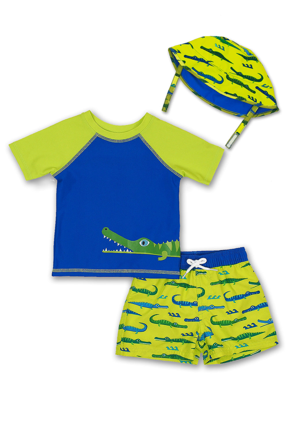 Boys Crocodile Short Sleeve Rash Guard & Swim Trunks With Bucket Hat 3pc Set, Lime