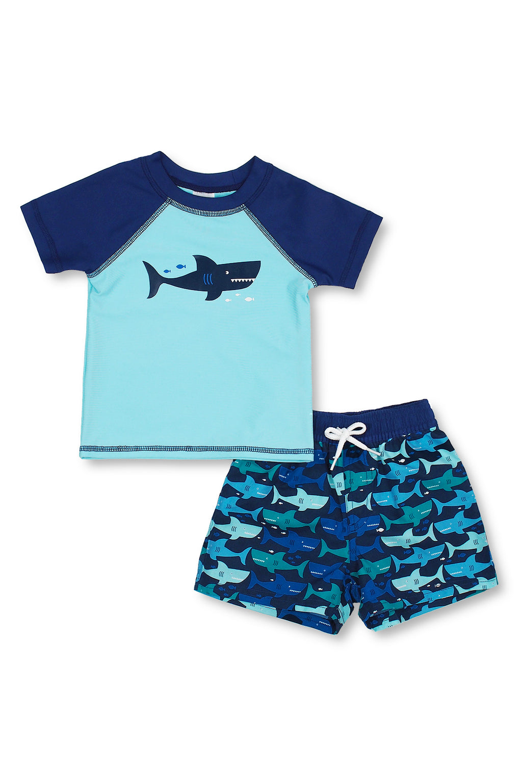 Boys Happy Shark Short Sleeve Rash Guard Set, Blue
