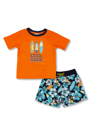 Boys Cool Dude Hibiscus Short Sleeve Rash Guard Set, Orange