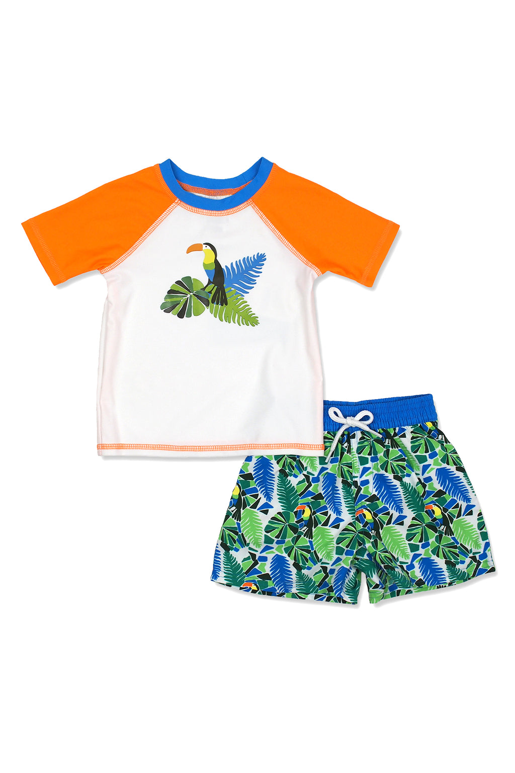 Boys Mosaic Toucan Short Sleeve Rash Guard & Swim Trunks Set, Orange