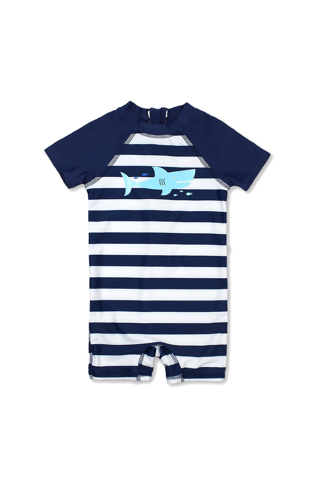Boys Stripe Happy Shark Short Sleeve Half Zip One Piece Swim Sunsuit, Navy