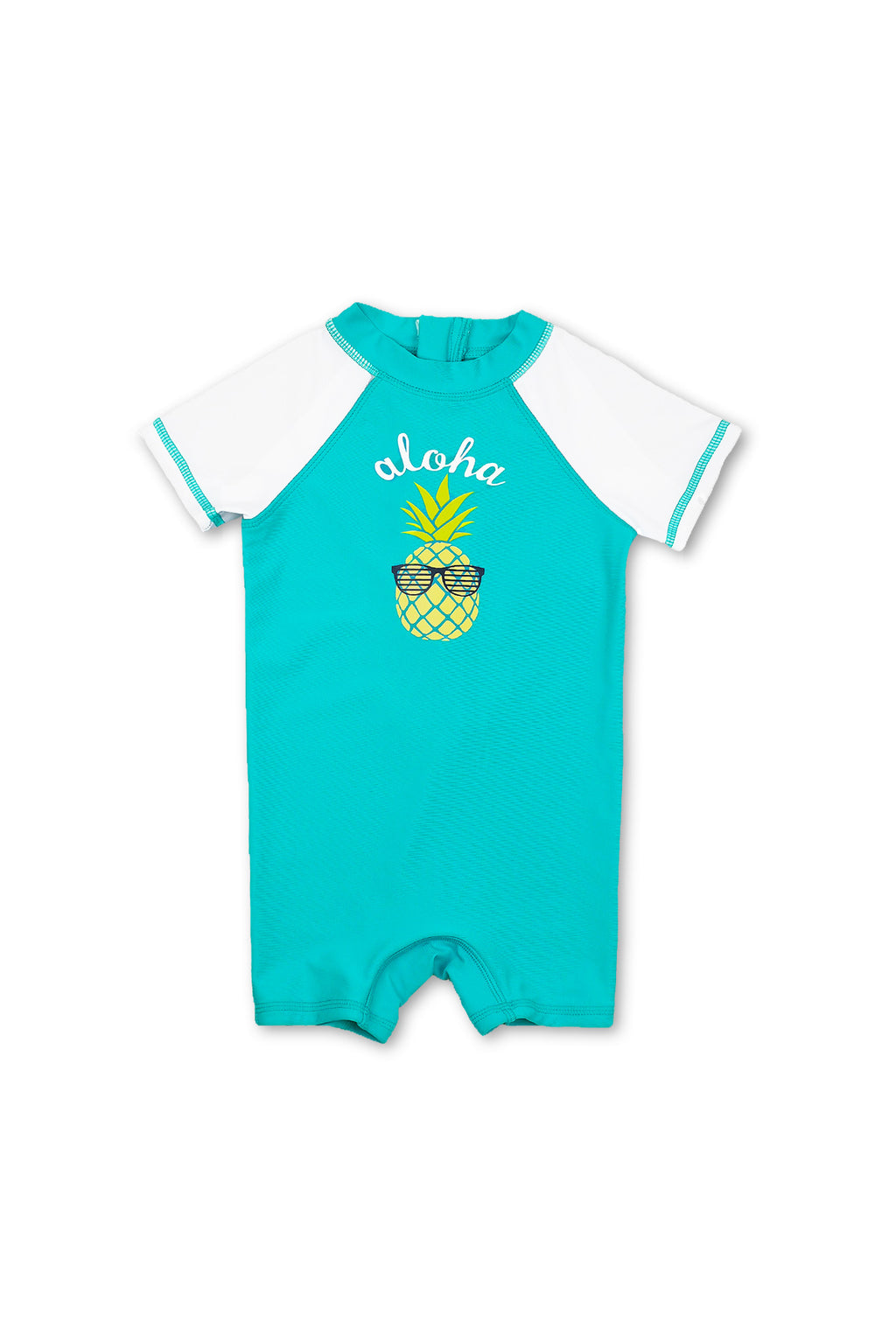 Boys Aloha Pineapple Short Sleeve Half Zip One Piece Swim Sunsuit, Blue