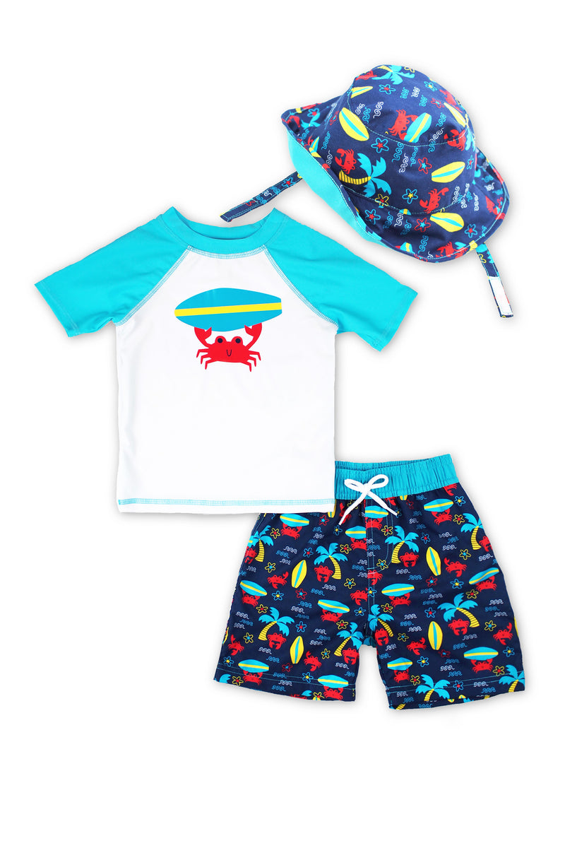Boys Surfing Crab Short Sleeve Rash Guard & Swim Trunks With Bucket Hat 3pc Set, Turq