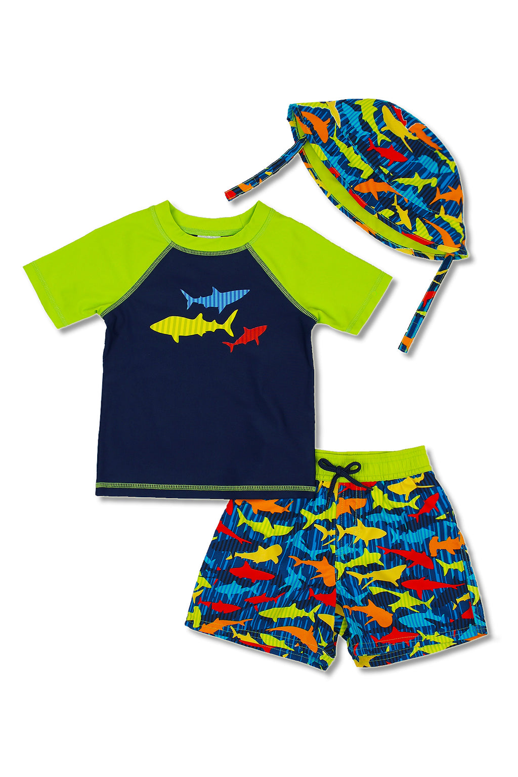 Boys Stripe Shark Short Sleeve Rash Guard & Swim Trunks With Bucket Hat 3pc Set, Lime