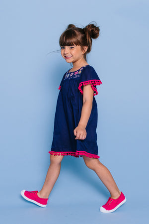 Embroidered Angel Sleeve Pompom Cover-up Dress, navy