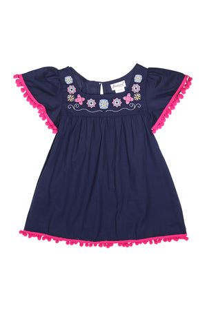 Embroidered Angel Sleeve Pompom Cover-up Dress, navy – Floatimini