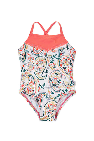 Golden Paisley Twisted Crisscross Back One-piece, Coral – Floatimini