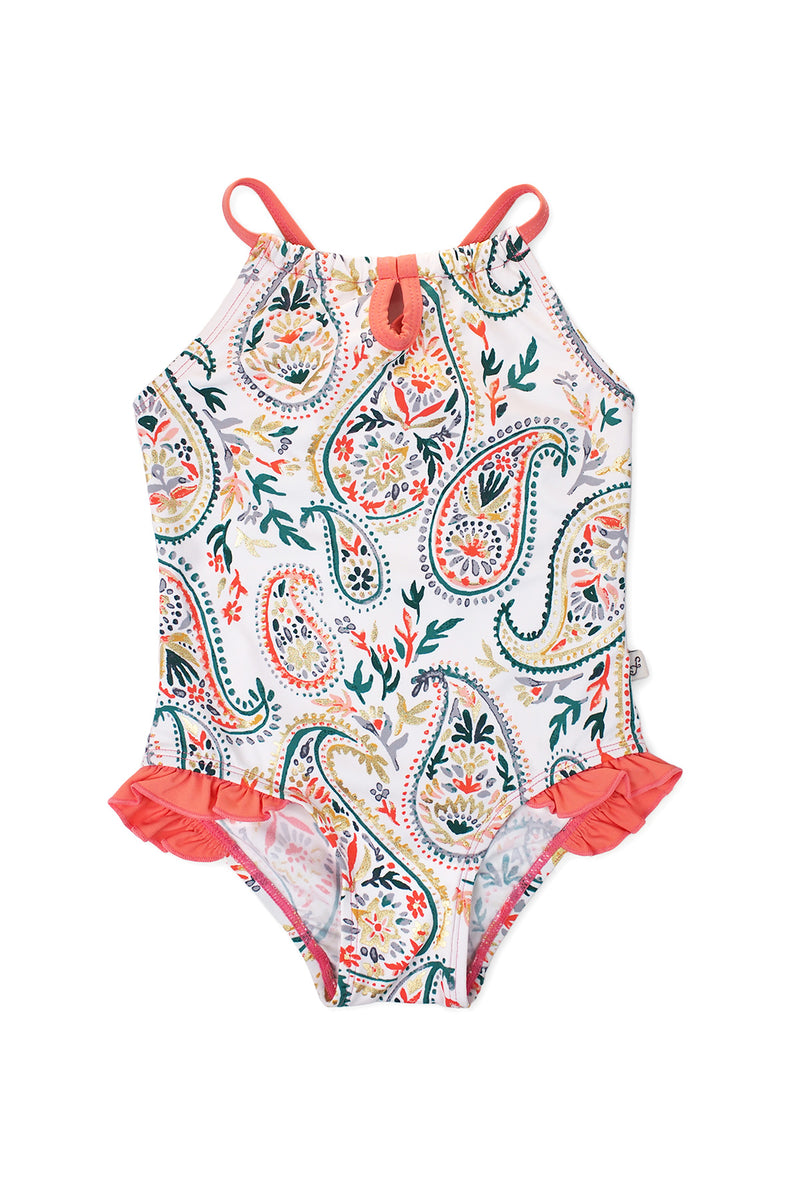 Golden Paisley Keyhole Neck One-piece, Coral