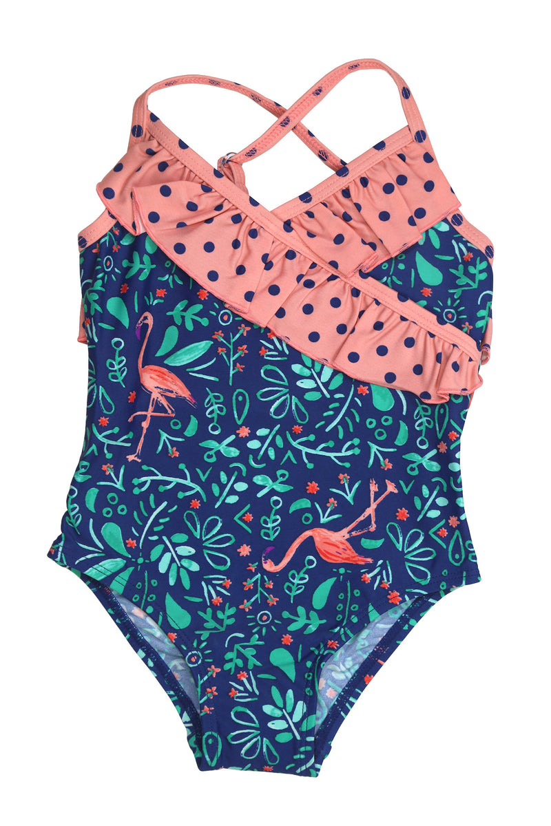 Botanical Flamingo Front Wrap One-piece, navy – Floatimini