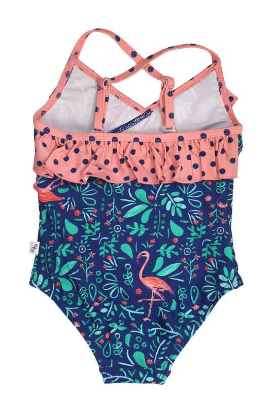 Botanical Flamingo Front Wrap One-piece, navy – Floatimini