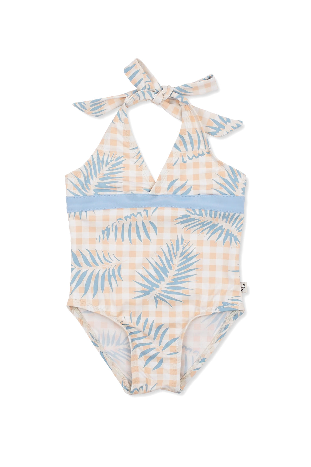 Palms on Gingham Wrap Front Halter One-piece, slate