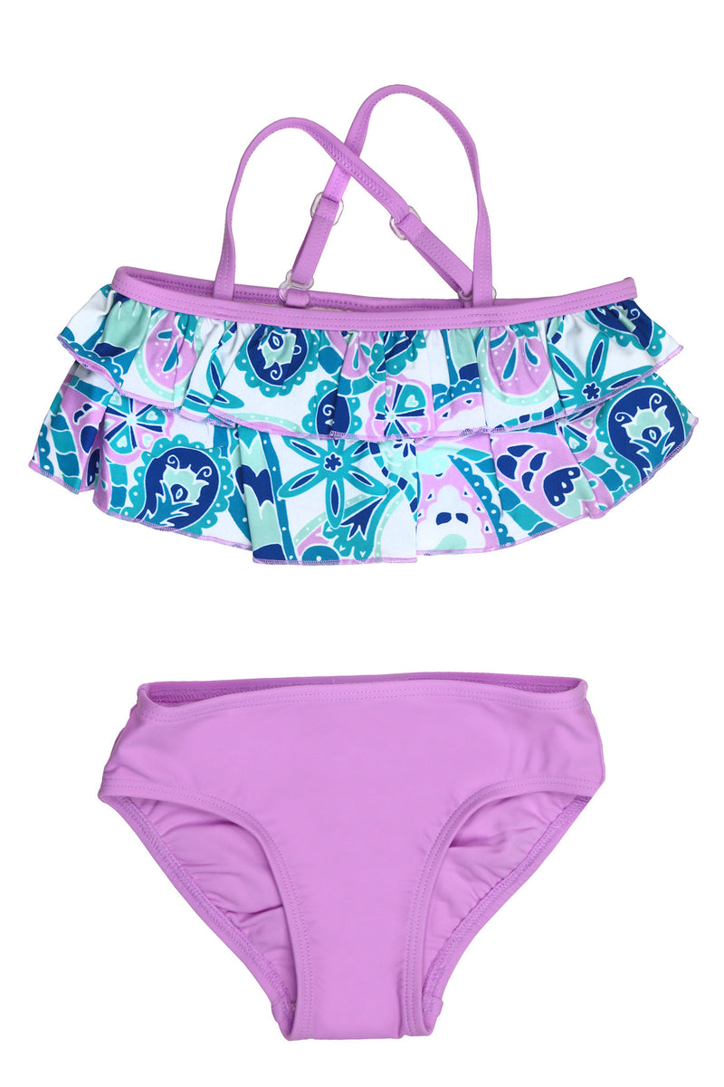 Floral Paisley Tiered Bikini Set, lavender