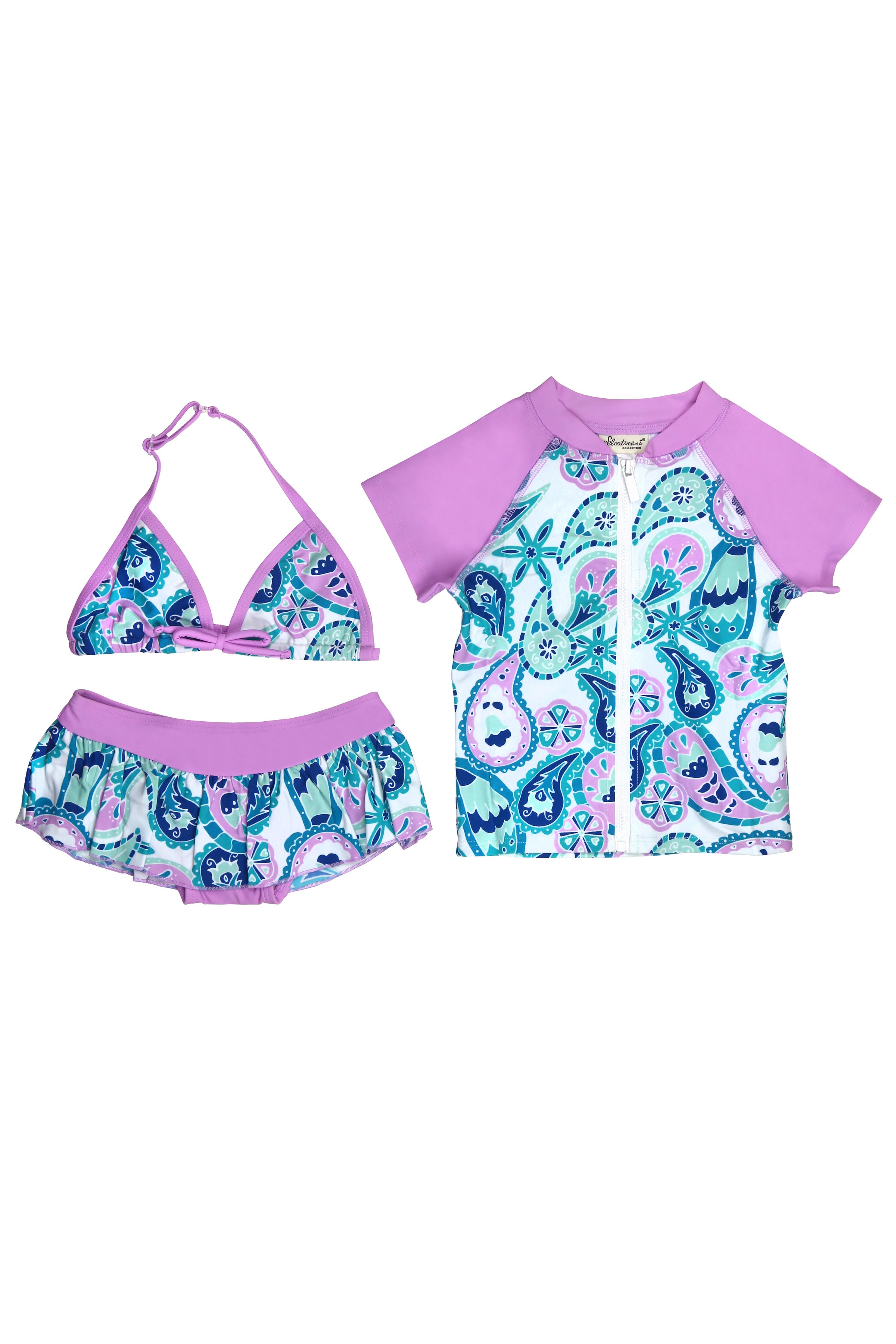Floral Paisley Bikini & Short Sleeve Rash Guard 3-pc Set, lavender –  Floatimini