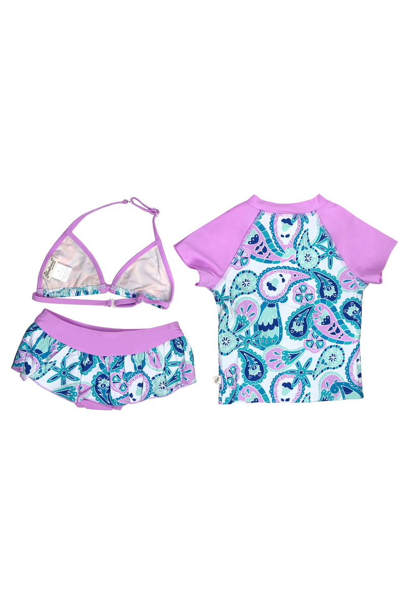 Floral Paisley Bikini & Short Sleeve Rash Guard 3-pc Set, lavender