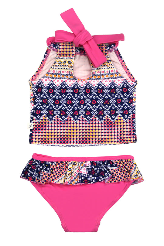 Multi Floral Border Back Neck Tie Tankini Set, pink – Floatimini