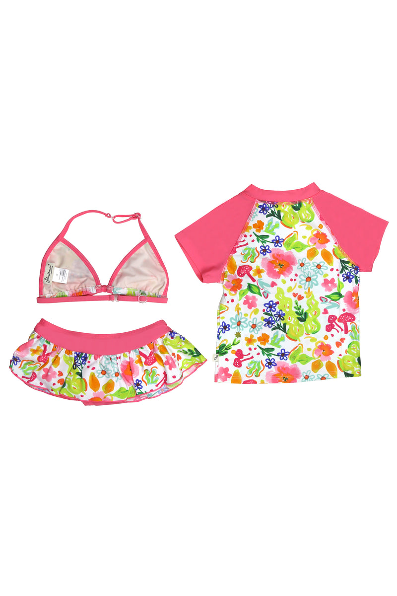 Flower Garden Bikini & Short Sleeve Rash Guard 3-pc Set, pink