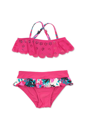 Vintage Floral Laser-cut Bandeau Bikini Set, hot pink