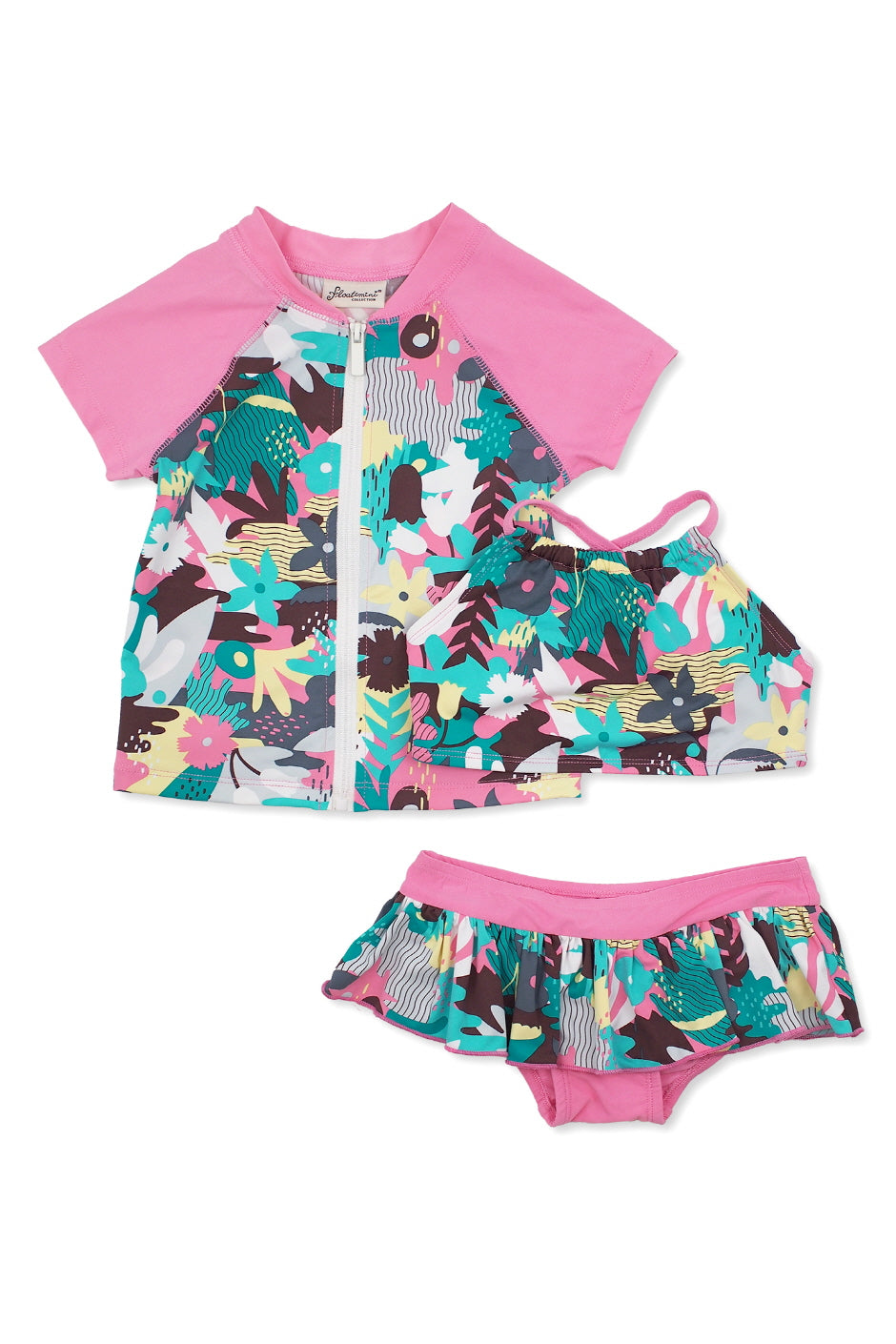 Camo Floral Crop Bikini & Short Sleeve Rash Guard  3pc Set, pink