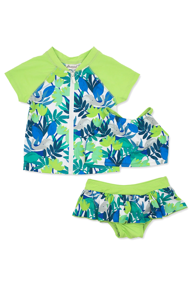 Forest Elephants Crop Bikini & Short Sleeve Rash Guard 3-pc Set, lime