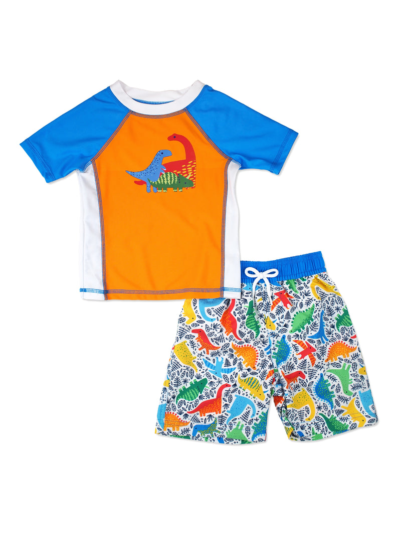 Boys Dino Short Sleeve Rash Guard & Swim Trunks Set, Orange – Floatimini